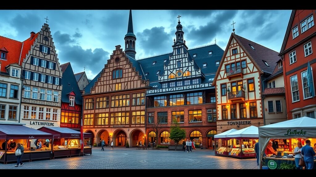 Lübeck városházája és piactér a történelmi központban.