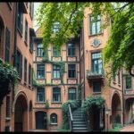 Lübeck titkos udvar zöld növényzettel és historikus épületekkel