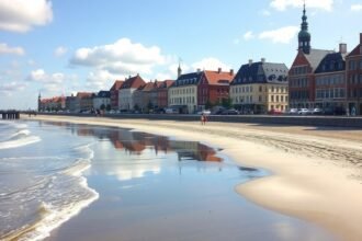 Travemünde tengerpart, színes házakkal és homokos parttal.