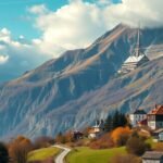 Festői táj Liechtensteinben, hegyek és hagyományos házak.