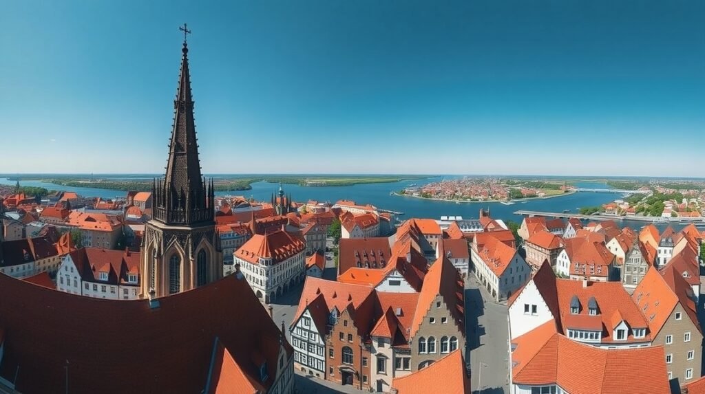 Panorámakép a Lübeck óvárosáról a Szent Péter-templom tornyából.