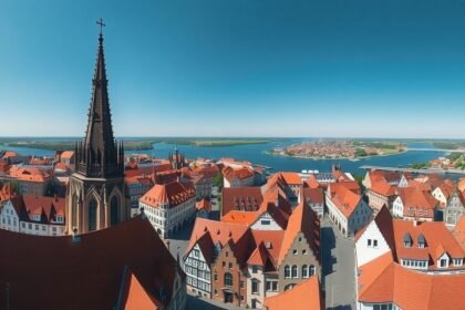 Panorámakép a Lübeck óvárosáról a Szent Péter-templom tornyából.