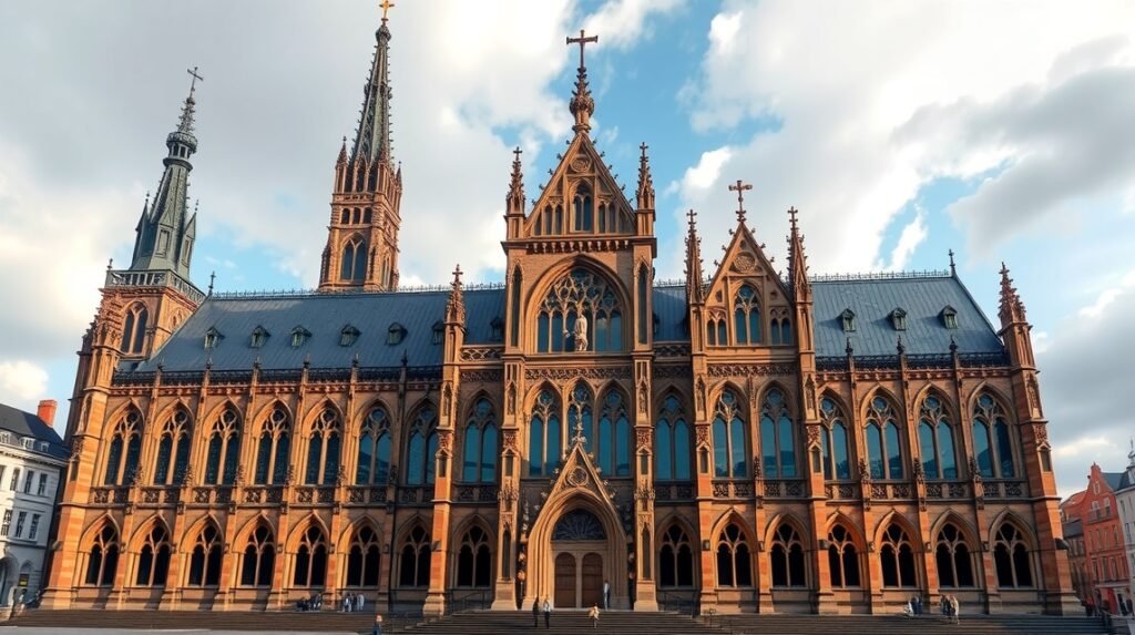 A Lübecki Dóm gótikus építészete és monumentális tornyai.