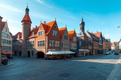 A Lübeck középkori építészete egy napfényes utcában.