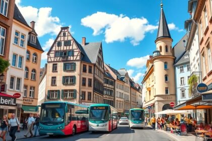 Luxemburg városkép tömegközlekedéssel és gyönyörű épületekkel.