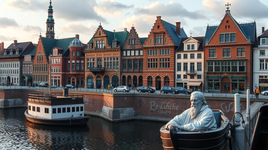 A Lübeck városának híres épületei és szobra a folyón