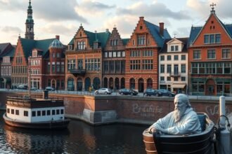 A Lübeck városának híres épületei és szobra a folyón