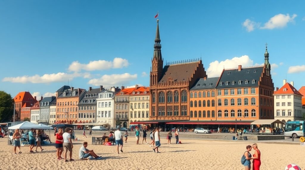 Lübeck tengerparti városkép a napfényben, látogatók a fövenyen.