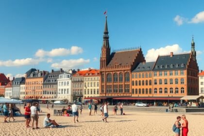 Lübeck tengerparti városkép a napfényben, látogatók a fövenyen.