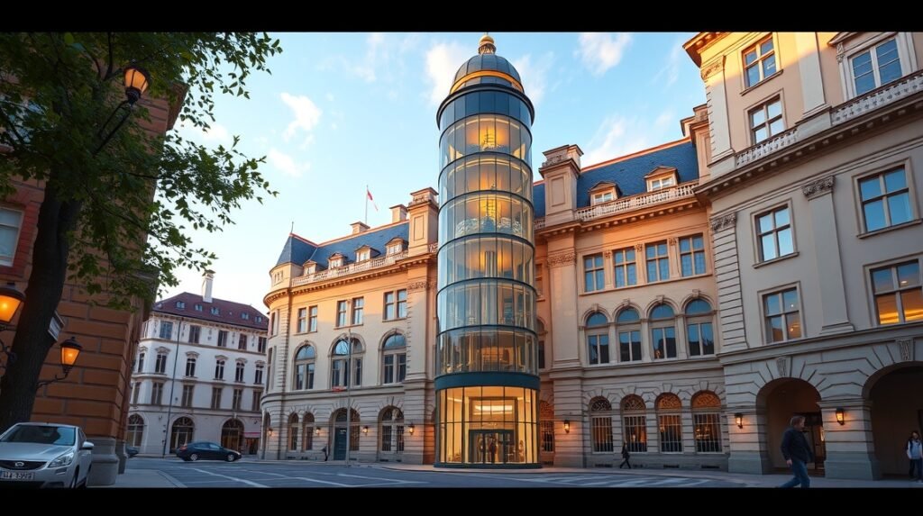 Hannover Új Városháza ferde liftje és építészeti részletei