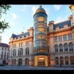 Hannover Új Városháza ferde liftje és építészeti részletei