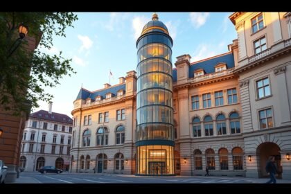 Hannover Új Városháza ferde liftje és építészeti részletei