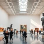 Látogatók a Hannoveri Sprengel Múzeumban, modern művészeti kiállítás.