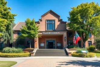 Wilhelm Busch Múzeum bejárata Hannoverben, zöld növényzet környezetében.