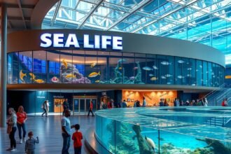 A SEA LIFE Hannover akvárium bejárata, látogatók a víz alatti csodák között.