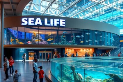 A SEA LIFE Hannover akvárium bejárata, látogatók a víz alatti csodák között.