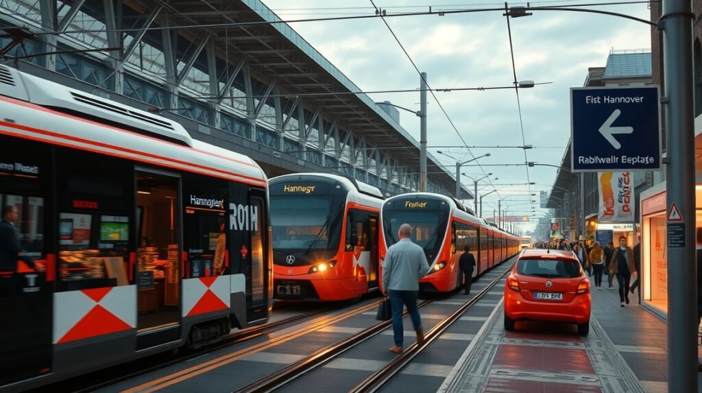 Hannover tömegközlekedés - villamosok és buszok az állomáson