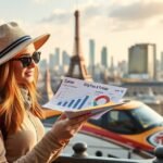 Utazó a városkártyák előnyeit elemzi a háttérben lévő városkép előtt.