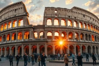 A Római Colosseum naplementében, tele látogatókkal.