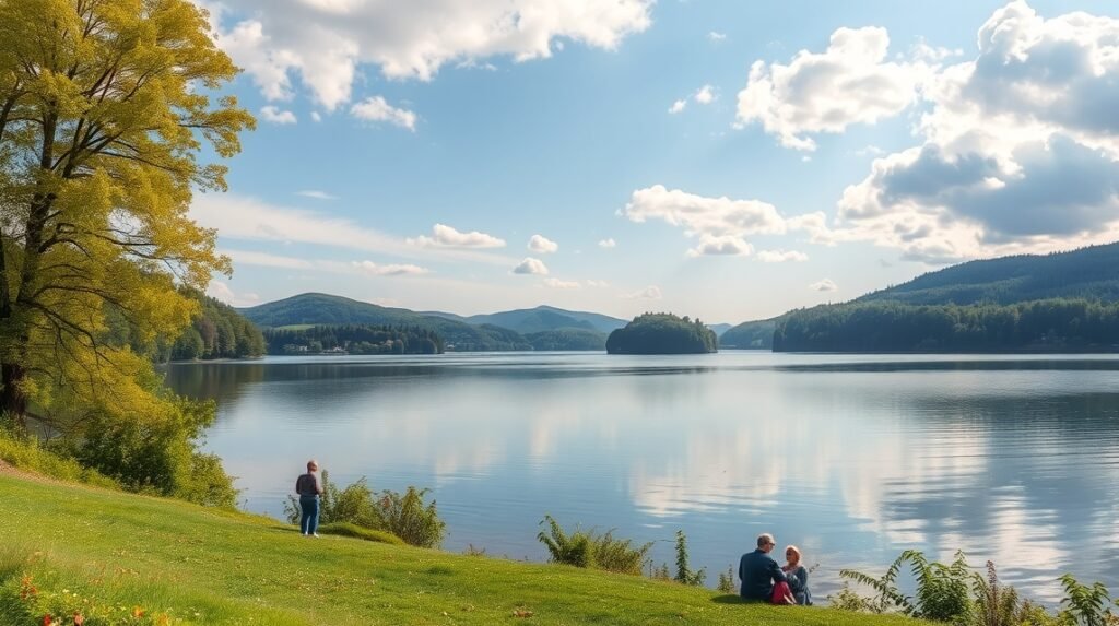 Festői táj az Obersee tónál Bielefeldben, tökéletes kirándulás helyszín.