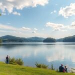 Festői táj az Obersee tónál Bielefeldben, tökéletes kirándulás helyszín.