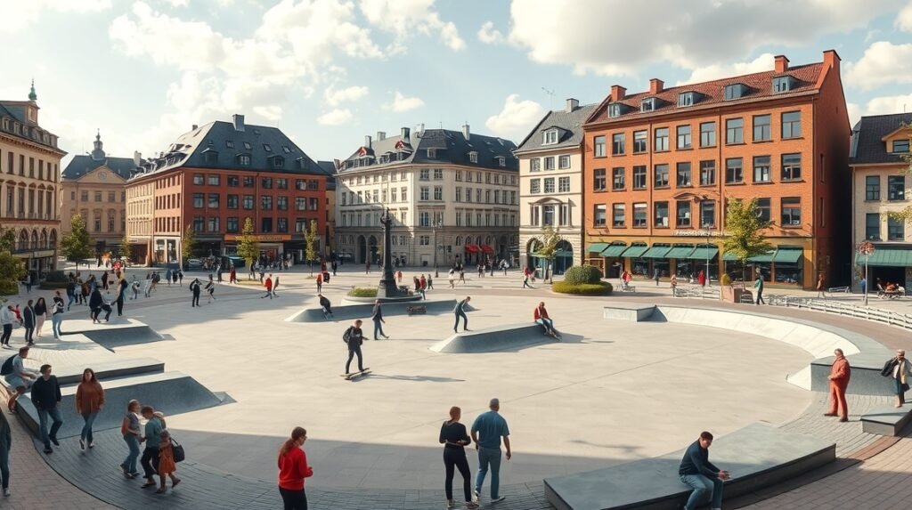 Kesselbrink tér Bielefeld városában, fiatalos hangulattal és gördeszkaparkkal.