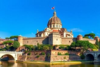 Angyalvár látképe a Tiberis partján, Róma, Olaszország