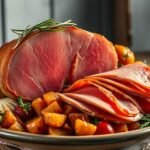 Füstölt Vesztfáliai sonka és burgonyás Pickert ételek Bielefeldből.