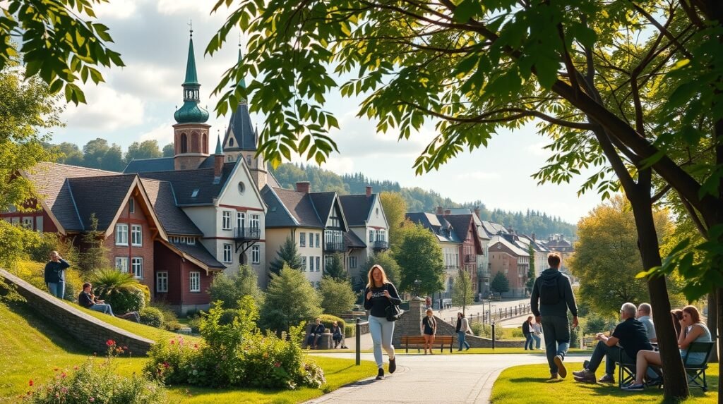 Bielefeld egyetemváros zöldövezetben, történelmi épületekkel és sétányokkal.