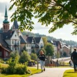 Bielefeld egyetemváros zöldövezetben, történelmi épületekkel és sétányokkal.