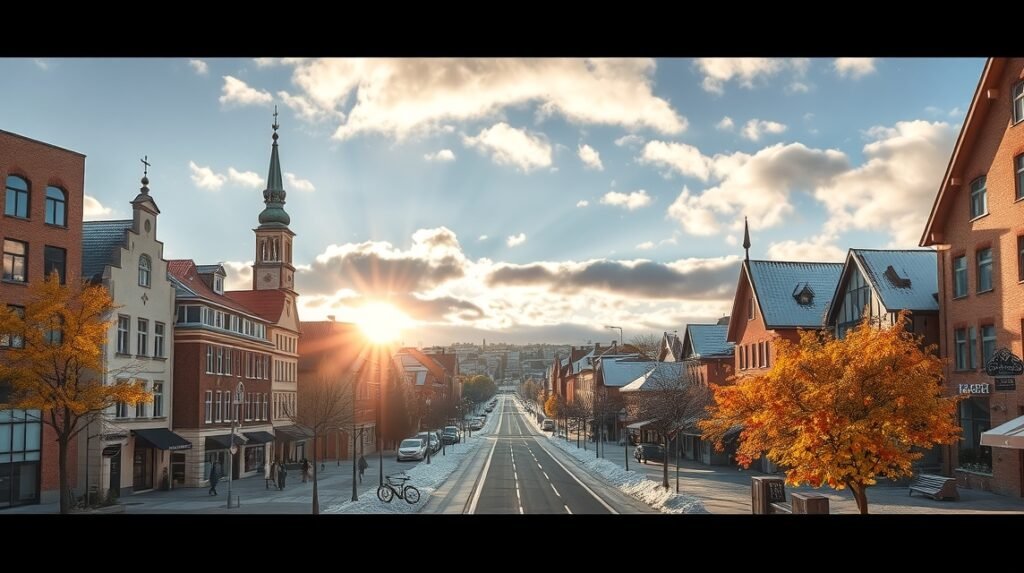 Bielefeld utcája napsütésben, ősszel színes fák között