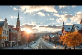 Bielefeld utcája napsütésben, ősszel színes fák között