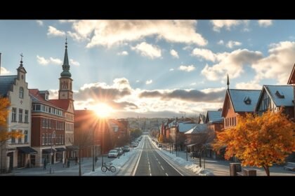 Bielefeld utcája napsütésben, ősszel színes fák között