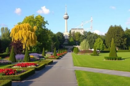 Westfalenpark virágos kertjei és a Florianturm kilátó Dortmundban