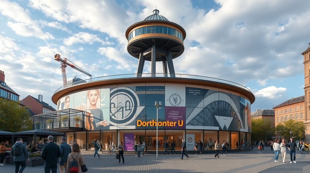 A Dortmunder U épülete és a körülötte sétáló emberek Dortmundban.