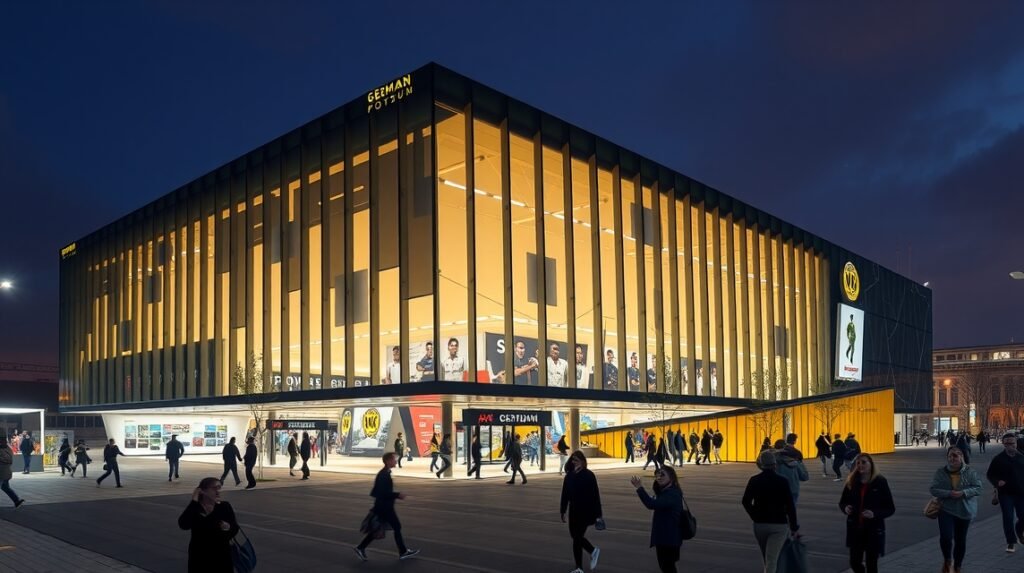 Német Futballmúzeum épülete Dortmundban, modern design és vibráló világítás.