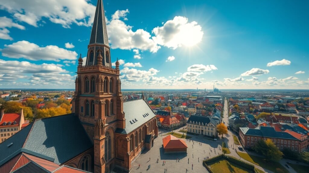 Kilátás a Szent Reinold-templom gótikus tornyából Dortmund városára