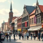 Westenhellweg sétálóutca Dortmundban, vásárlással és városi élettel.