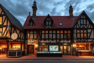 A Dortmund Sörfőző Múzeum épülete éjszakai fényekben.