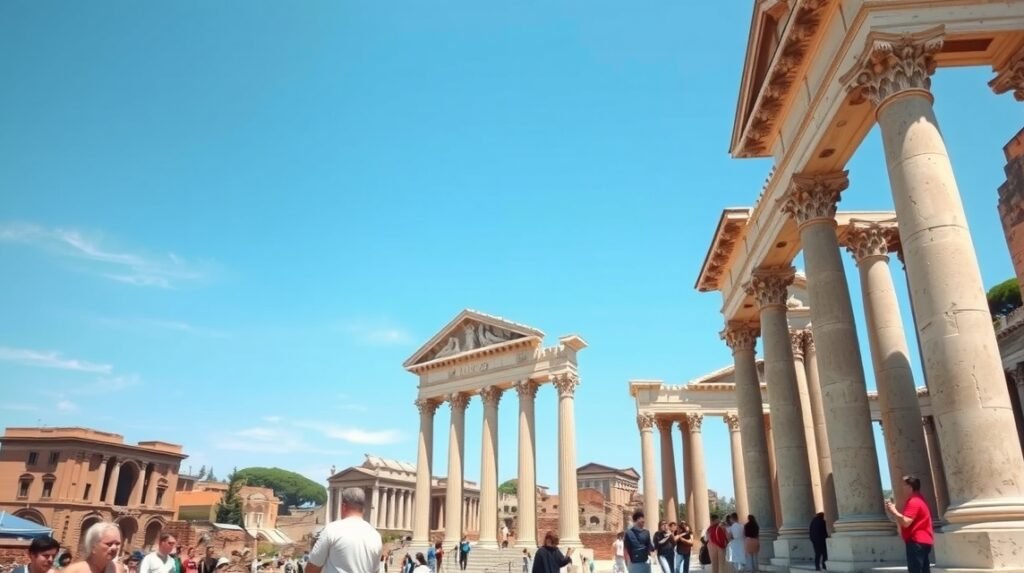 Forum Romanum romjai, ókori templomokkal gyönyörű háttérrel.