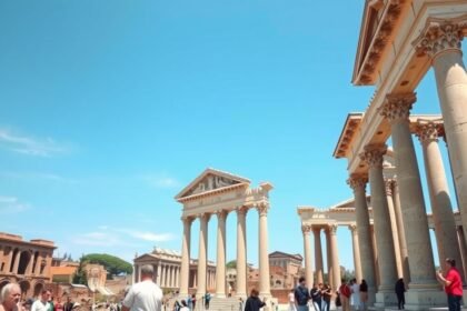 Forum Romanum romjai, ókori templomokkal gyönyörű háttérrel.