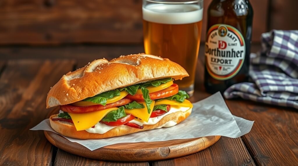 Friss Salzkuchen zöldségekkel és Dortmunder Export sörrel.