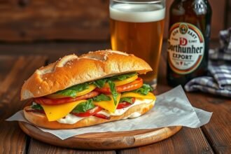 Friss Salzkuchen zöldségekkel és Dortmunder Export sörrel.