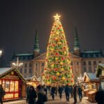 Dortmundi karácsonyfa és karácsonyi vásár éjjel