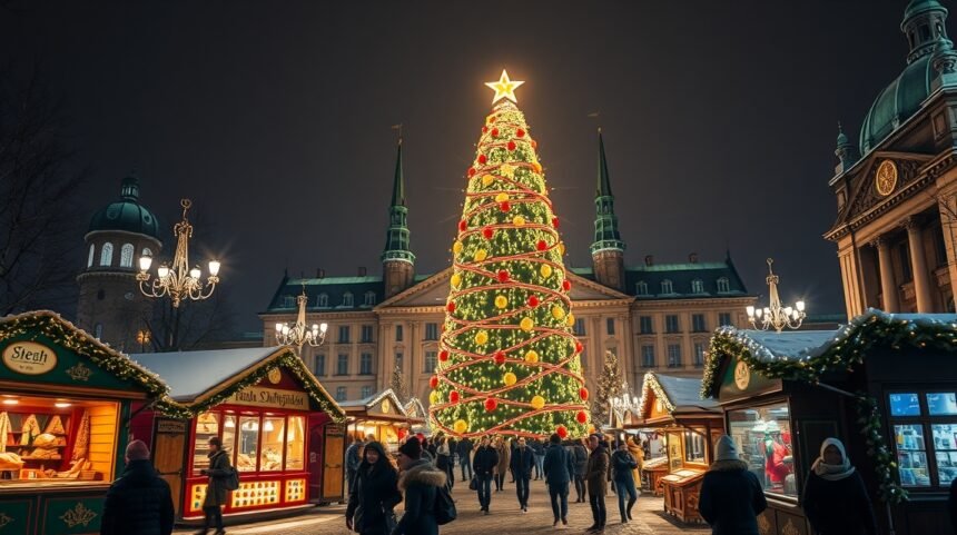 Dortmundi karácsonyfa és karácsonyi vásár éjjel