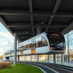 Dortmundi H-Bahn függővasút modern dizájnnal az egyetem mellett