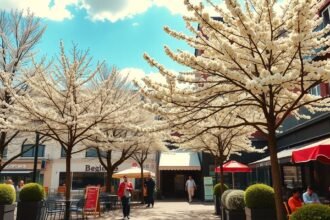 Virágzó fák alatt pihenő emberek Dortmund városában.