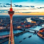 Panorámás nézet a Rheinturm toronyról Düsseldorf városára és a Rajnára naplementekor.