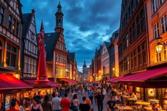 Düsseldorfi Óváros macskaköves utcáin sétáló emberek