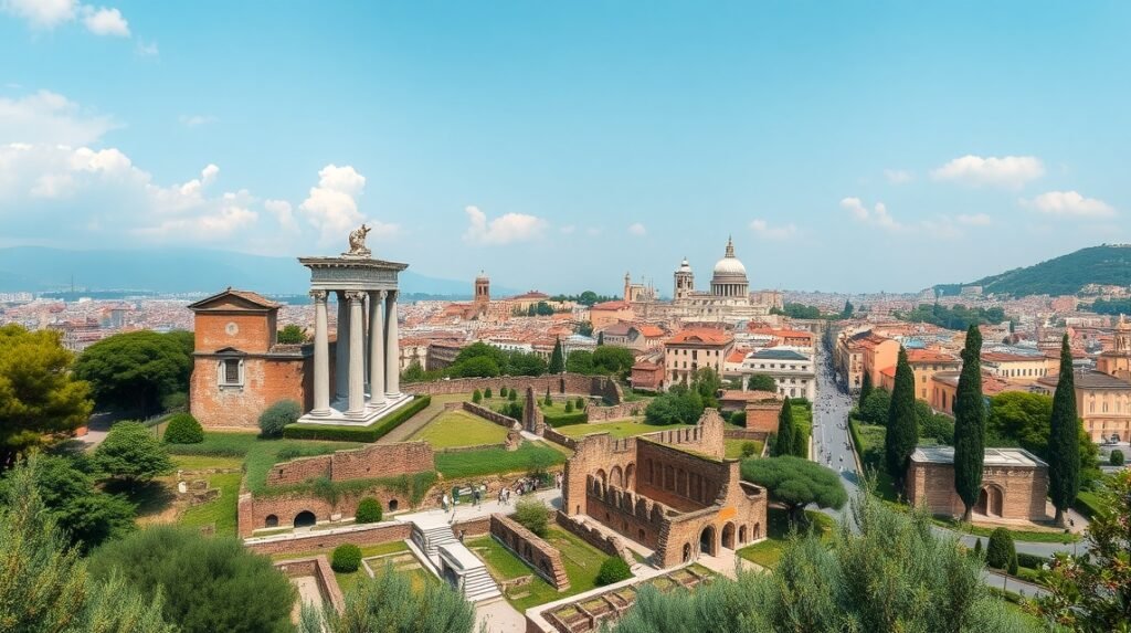 A Palatinus domb lenyűgöző kilátása Róma ókori romjaira.